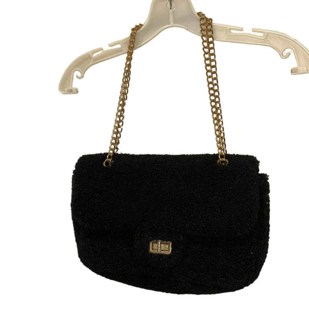 Black Teddy Bear Sherpa gold chain shoulder hand bag